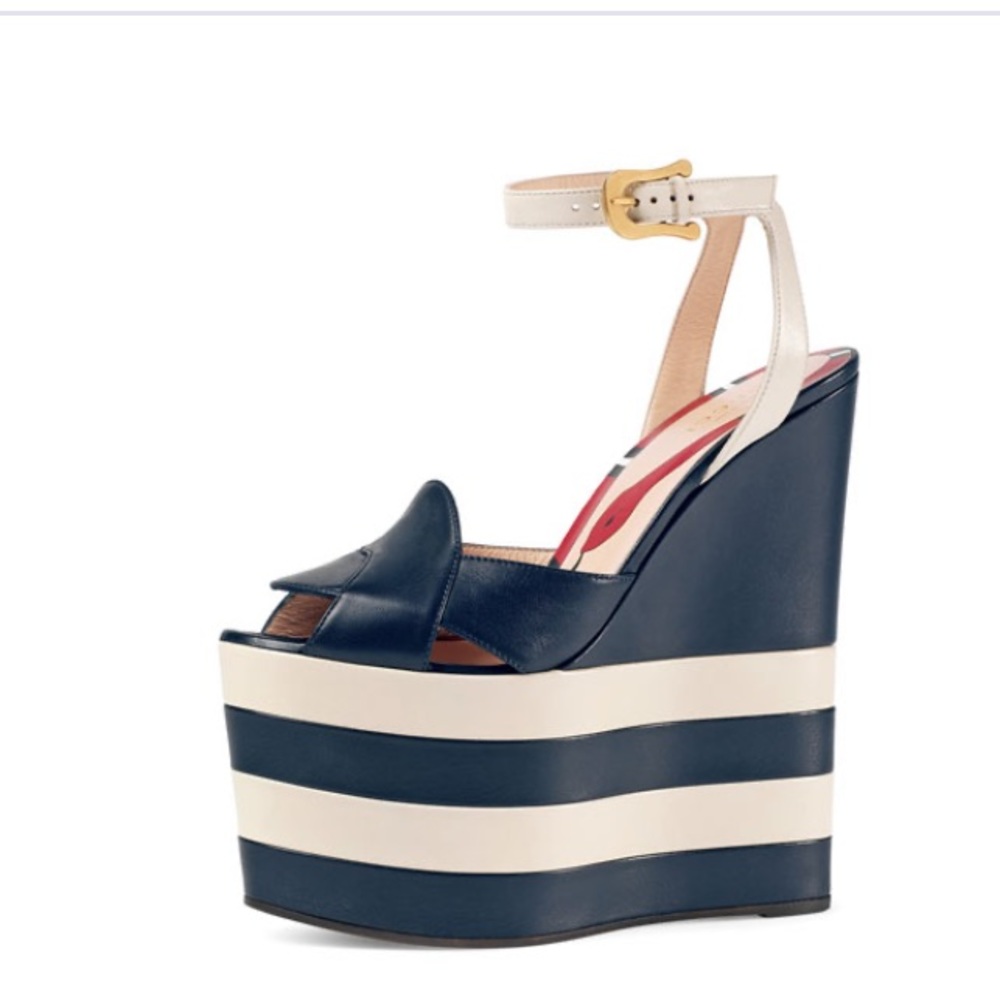 Gucci stripes sally Blue/White Leather Striped Sally Platform Wedge Sandals new - Picture 2 of 9